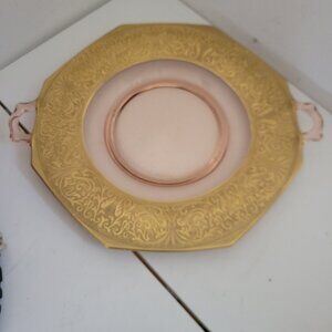 Vintage 1940's Pressed Pink Glass with Gold Border Cake Plate